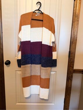 TALULAH Striped Open Cardigan in Rust, Cream, Maroon, Navy, and Tan